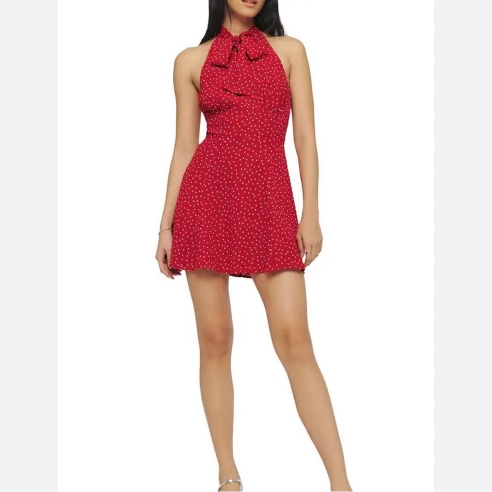 Reformation - Aylani Tie Neck Minidress Red Mini Dress with White Dots